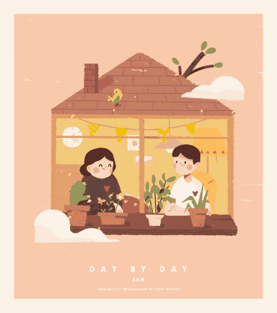 an illustration of a boy and a girl in front of a house with the words day by day fan
