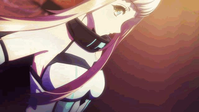 a girl with long blonde hair and blue eyes is wearing a collar