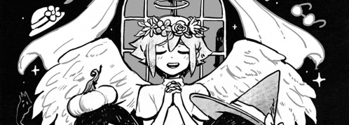 a black and white drawing of a girl with wings and a flower crown .
