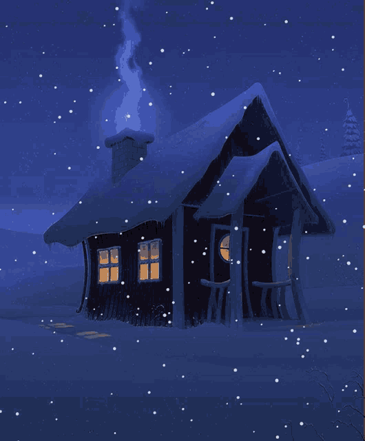 a snowy scene with a house in the foreground and smoke coming out of the chimney