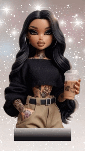 a doll with long black hair is holding a cup of coffee with a starbucks logo on it