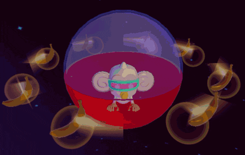 a cartoon of a monkey wearing a mask is surrounded by bubbles and bananas