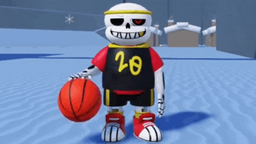 a cartoon skeleton is holding a basketball in his hand .