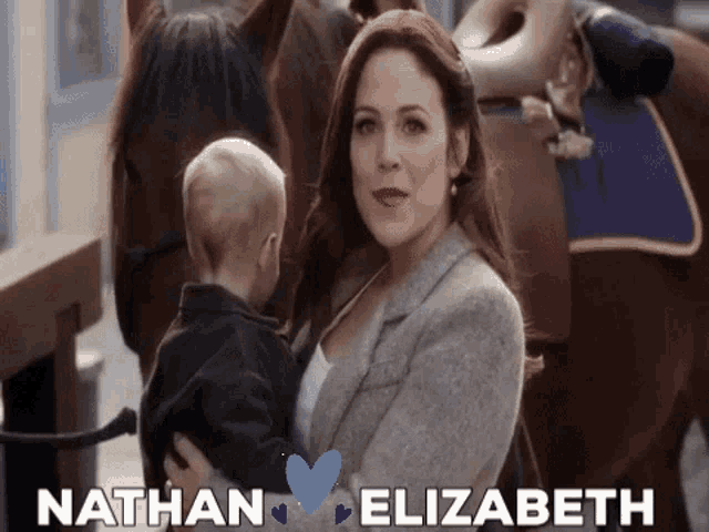 a woman holding a baby with the words nathan and elizabeth written below her