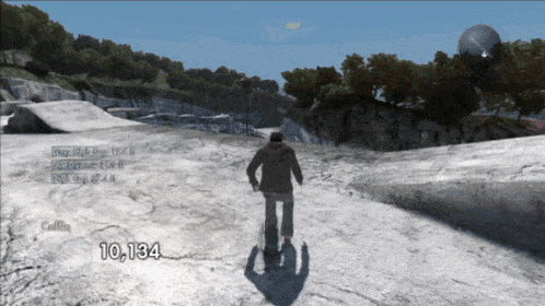 a video game screen shows a man walking on a snowy hill and the number 10,134