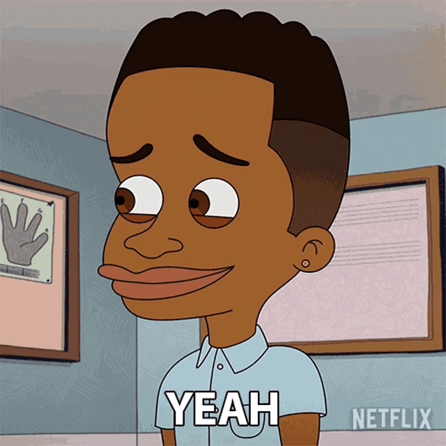 a cartoon character says yeah in front of a bulletin board