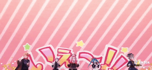 a group of anime characters are dancing in front of a pink and white striped background