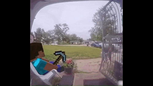 a minecraft character is sitting on a porch holding a diamond pickaxe