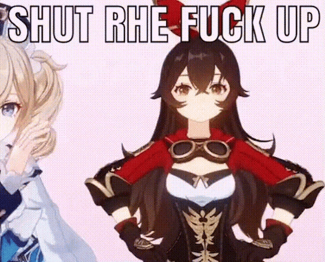 amber from genshin impact is standing in front of a white background with the words shut rhe fuck up written on it .