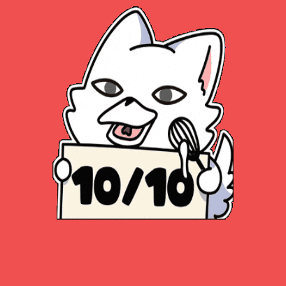 a cartoon cat is holding a sign that says ' 10 / 10 '