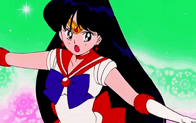 a girl with long black hair is wearing a sailor suit with a blue bow on the front .
