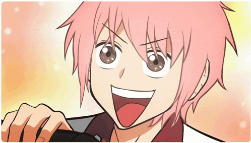 a cartoon character with pink hair is smiling