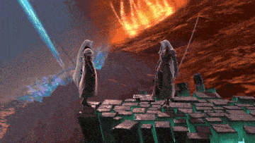 a computer generated image of two people standing on a ledge
