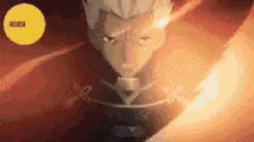 a close up of a person holding a sword in a dark room with a yellow circle in the background .