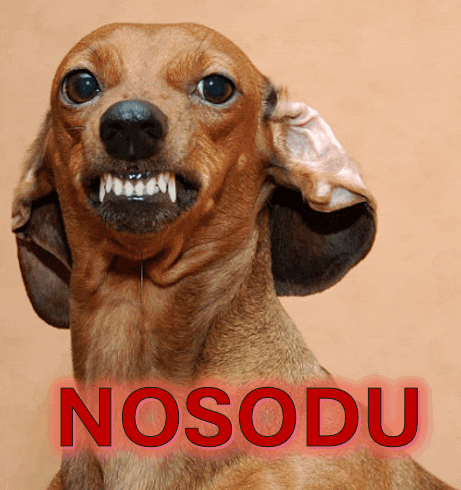 a dachshund with its mouth open and the word nosodu in red
