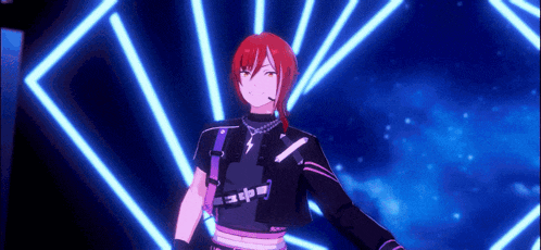 a cartoon character with red hair is standing in front of a neon light .
