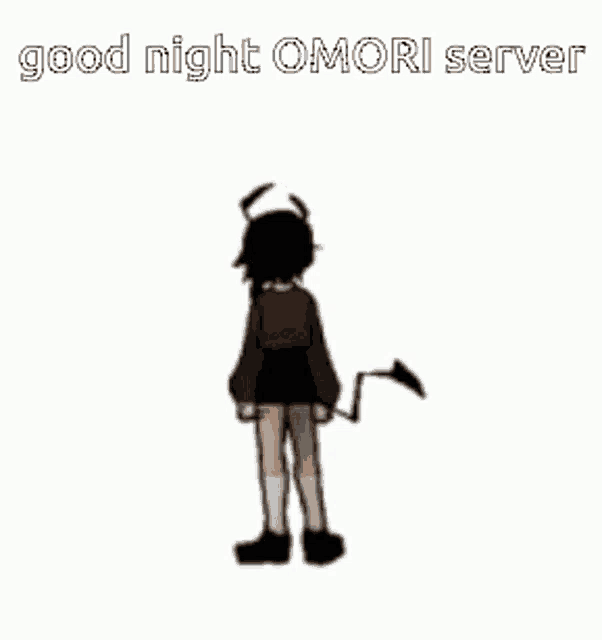a cartoon of a girl with horns and a tail is dancing and saying `` good night omori server '' .