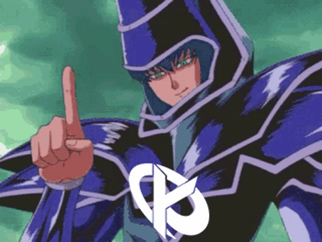a cartoon character in a blue and black outfit points his finger