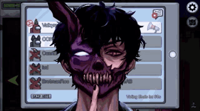 a screenshot of among us shows a character with a purple mask on his face