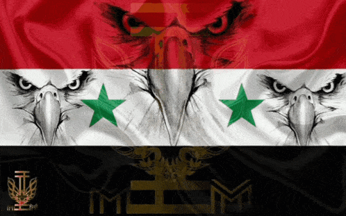 a red white and black flag with three eagles and the letter m