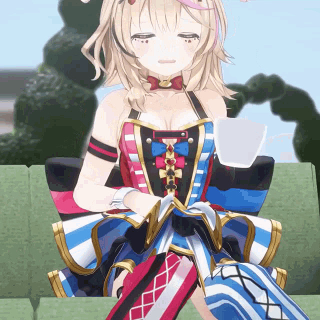 a girl in a colorful dress is holding a cup