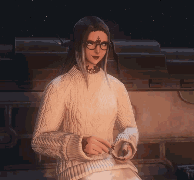 a woman in a white sweater is holding a cup and saucer