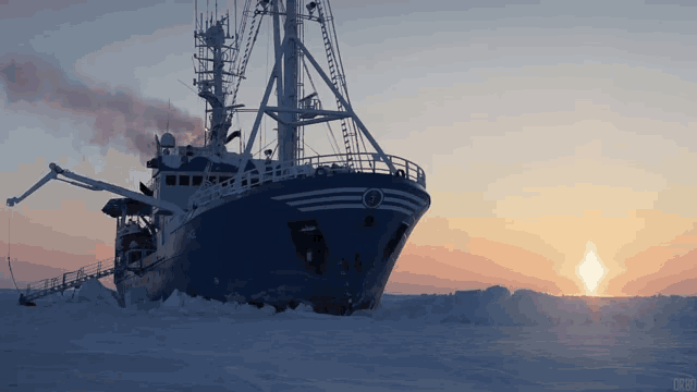 a large blue and white ship is sitting in the ice