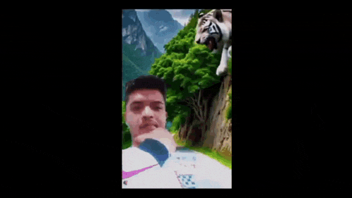 a man is taking a selfie with a white tiger .