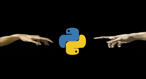 two hands reaching out towards a python logo on a black background .