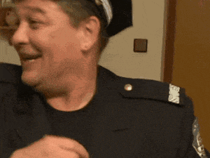 a man in a police uniform is smiling and looking at something