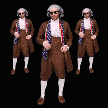 a man in an american flag costume is dancing in a row