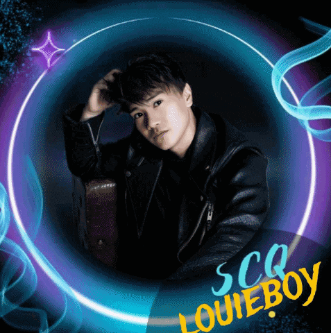 a man in a leather jacket is surrounded by a blue and purple circle that says scg louieboy