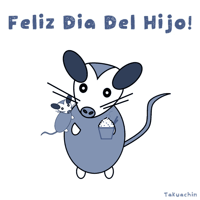 a cartoon of an opossum holding a kitten and a cupcake with the words feliz dia del hijo written below it