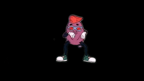 a cartoon character is wearing sunglasses and a hat and is dancing .