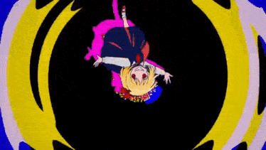 a cartoon of a girl hanging upside down in a circle