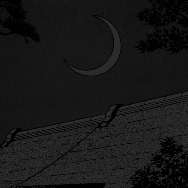 a black and white drawing of a crescent moon over a roof