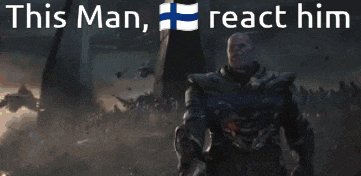 a man in armor is standing in front of a crowd with the words " this man react him " above him