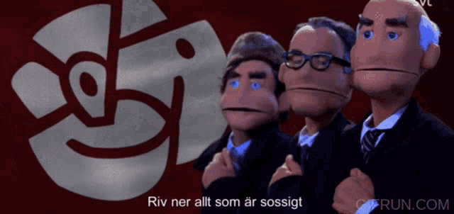 a group of cartoon characters standing next to each other with the words riv ner allt som ar sossigt on the bottom