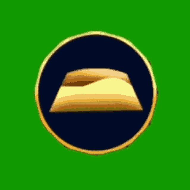 a blue circle with a gold border and a yellow object inside of it on a green background