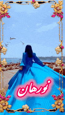 a picture of a woman in a blue dress with the name norhan written in red
