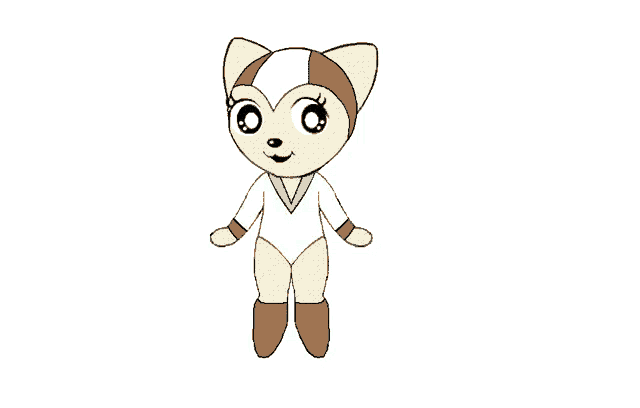 a cartoon drawing of a cat wearing a white bodysuit and brown boots