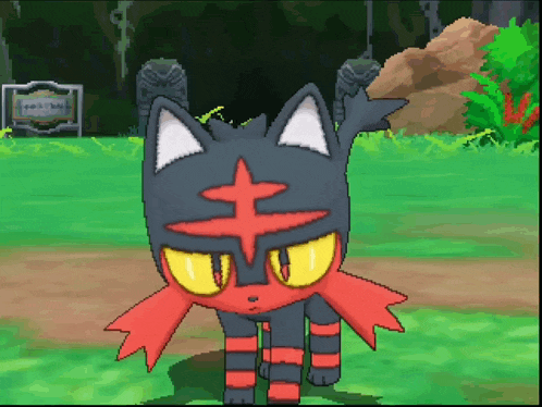 a black and red cat with yellow eyes is standing in a green field