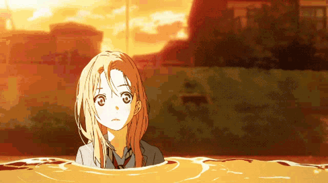 a blonde anime girl is standing in a puddle of water