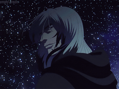 a drawing of a man with gray hair and a black cape with the words empty stream written on the bottom