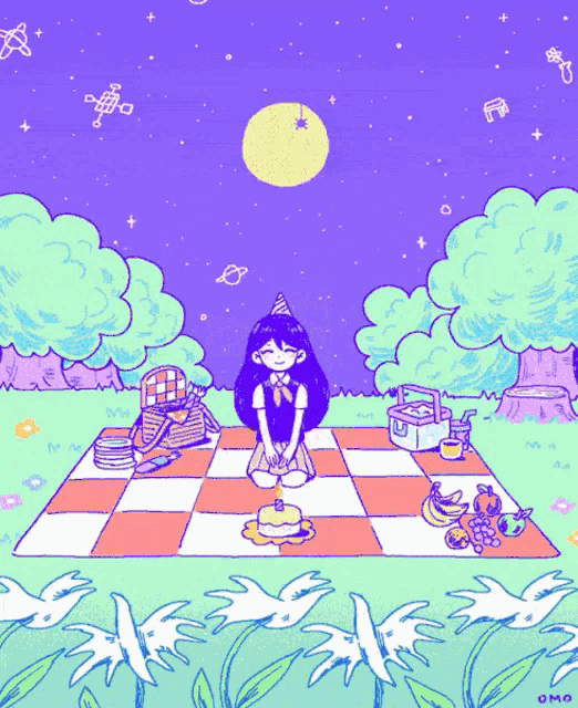 a drawing of a girl sitting on a picnic blanket with the word omo on the bottom