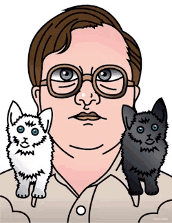 a cartoon drawing of a man with glasses and two cats