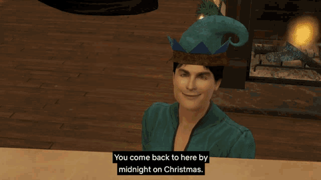 a man wearing an elf hat says " you come back to here by midnight on christmas .. "