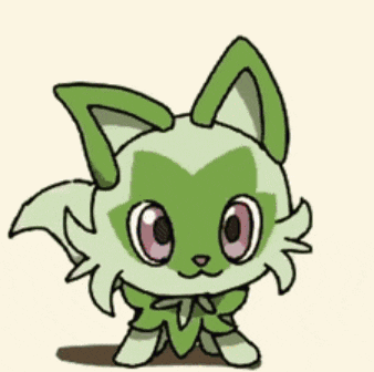 a cartoon drawing of a green and white cat with pink eyes .