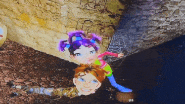 a girl with purple hair is laying on a boy 's back