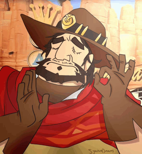 a cartoon drawing of a man with a beard and a cowboy hat has the name syachudreams written on the bottom
